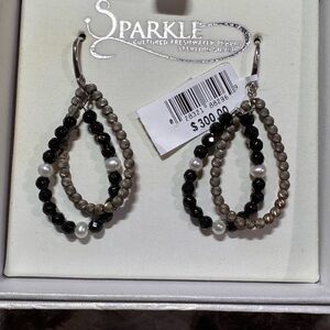 Sparkle Sterling Silver CF Pearls Black Onyx & Marcasite Bead Teardrop Earrings